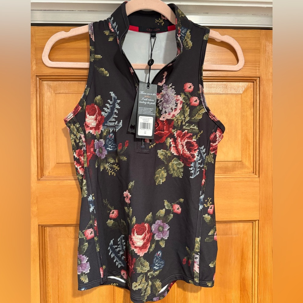 Greyson Black Floral Zip-Front Sleeveless Tank Top